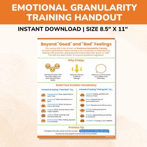Emotional Granularity Training Therapy Handout-Coping Skills For Kids Teens Adults-Emotional Identification Poster-Self-Regulation Worksheet