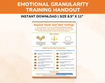 Emotional Granularity Training Therapy Handout-Coping Skills For Kids Teens Adults-Emotional Identification Poster-Self-Regulation Worksheet