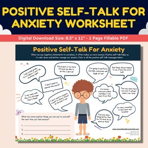 May include: A printable worksheet for children to help manage anxiety. The worksheet features a cartoon character with glasses and a speech bubble with the text "I'm human, everyone makes mistakes. I can learn from this!" The worksheet includes several other speech bubbles with positive self-talk messages. The worksheet is titled "Positive Self-Talk for Anxiety Worksheet".