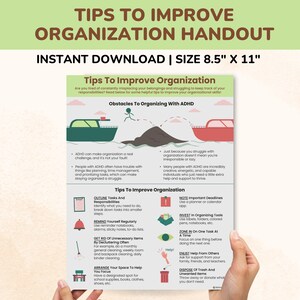 ADHD Organization Tips Coping Skills Strategy-Executive Functioning Therapy Handout-Kids-Teens-Executive Function Deficits Counseling Poster