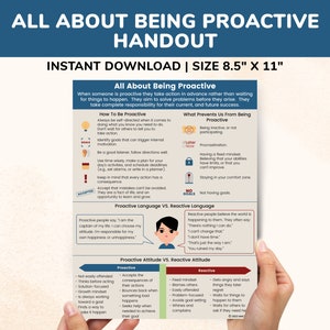 May include: A handout with the title "All About Being Proactive" and a subtitle "Instant Download | Size 8.5" x 11" ". The handout is a guide to being proactive, with sections on how to be proactive, what prevents us from being proactive, proactive language vs. reactive language, and proactive attitude vs. reactive attitude. The handout is illustrated with icons and a cartoon character.