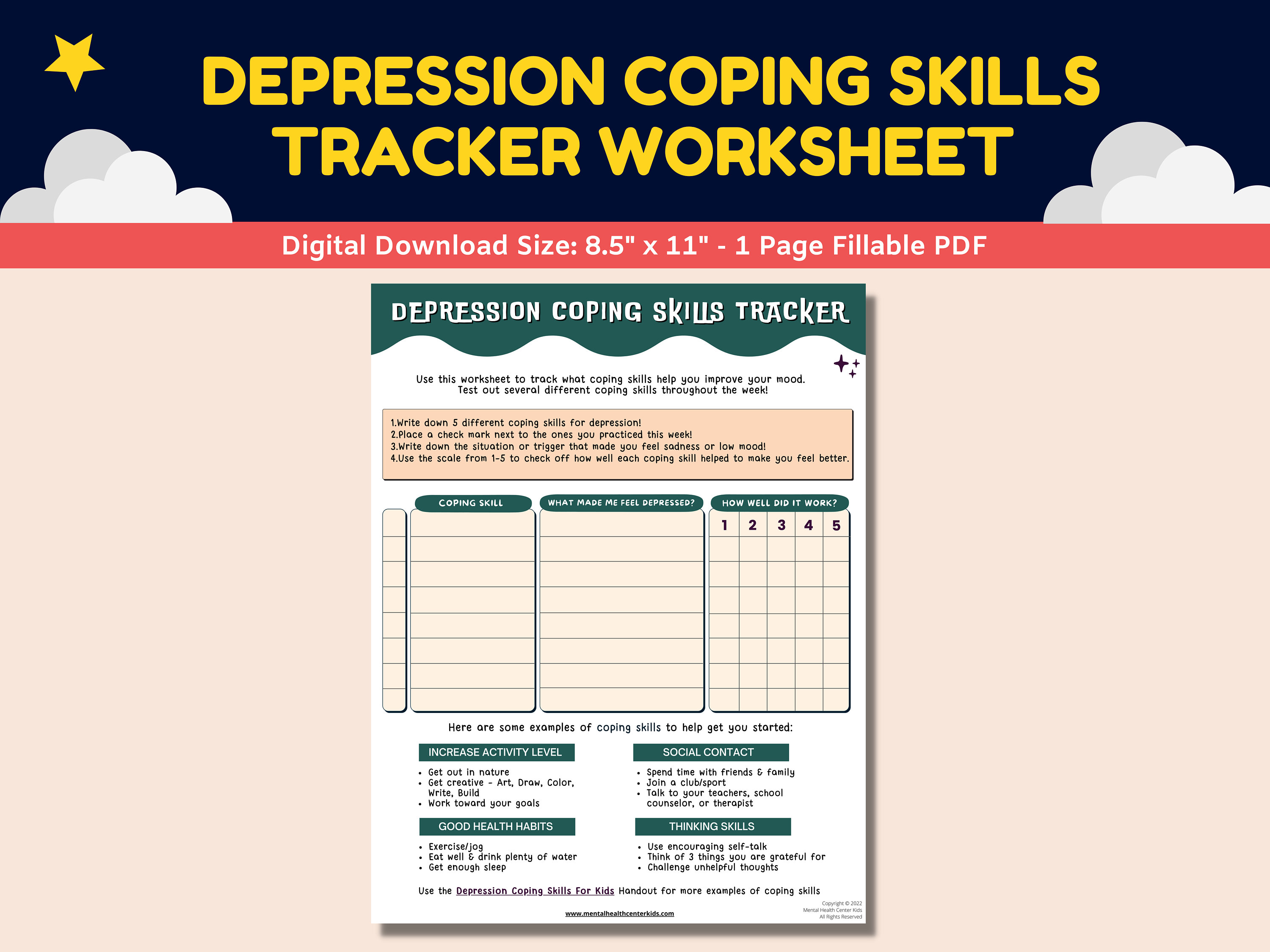 Depression Coping Skills Tracker Fillable Worksheet Kids Teens-child ...