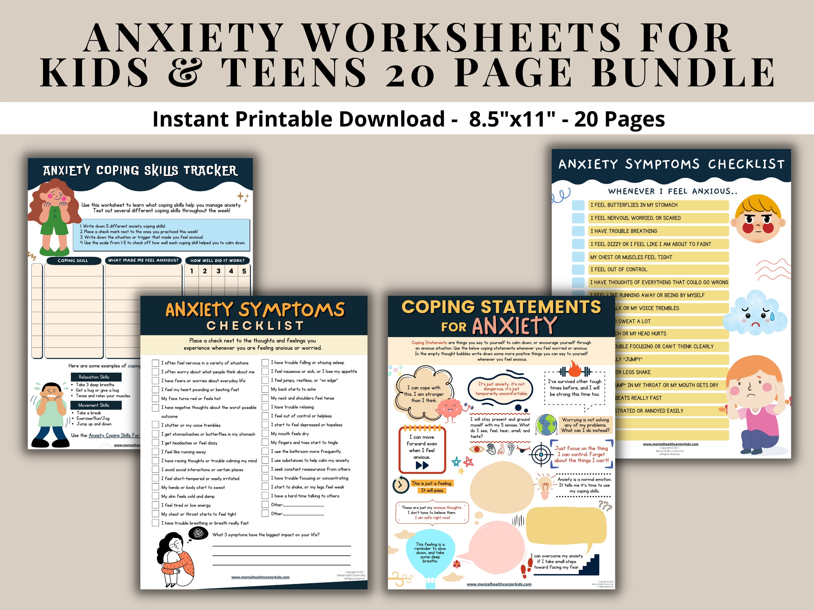 Anxiety Worksheets 20 Pg Printable Bundle for Kids &amp; | Etsy