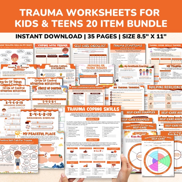 Trauma PTSD Worksheets 20 Item Printable Bundle for Kids & Teens-Child Therapy Counseling Social Emotional Learning Mental Health Relief CBT