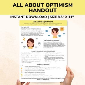 Poster stampabile sull'ottimismo in formato PDF, educazione del carattere, abilità di coping per bambini e adolescenti, foglio di lavoro per la consulenza sulla salute mentale ottimista, poster sulla terapia