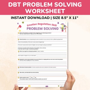 以下が含まれることがあります： 「DBT 問題解決ワークシート」というタイトルの印刷可能なワークシートで、電球とパズルピースのカラフルなイラストが描かれています。このワークシートは、ユーザーが感情を調整し、ステップバイステップのプロセスを使用して問題を解決するのに役立つように設計されています。