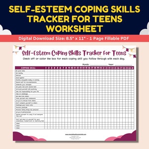 Self-Esteem Coping Skills Tracker For Teens Fillable Worksheet Mental Health Printable Adolescent Counseling Therapy Counselor Therapist PDF