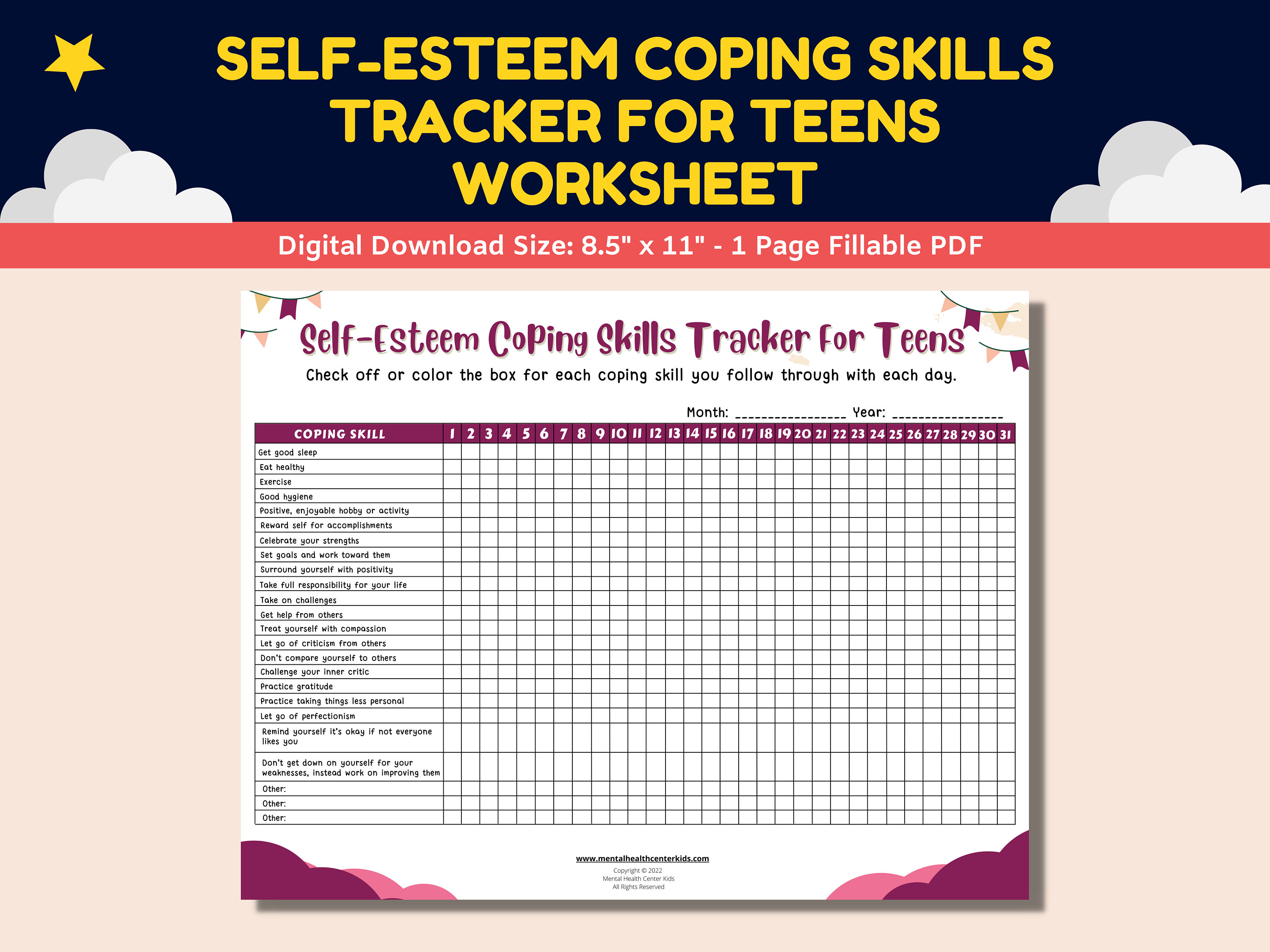 Self-esteem Coping Skills Tracker for Teens Fillable Worksheet Mental ...