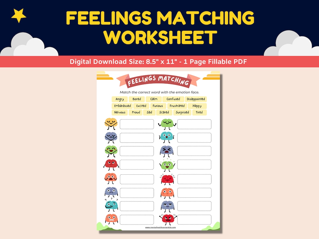 Identifying Feelings & Emotions Matching Worksheet for Kids-emotional ...