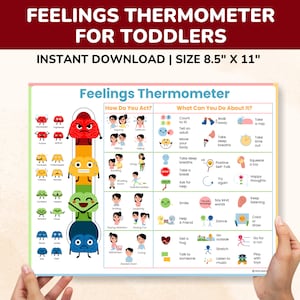 Gefühlskarte für Kleinkinder-Vorschule-Grundschule-Thermometer mit Bewältigungsfähigkeiten-druckbare Emotionen Poster für Kinder-Kinder-Teenager