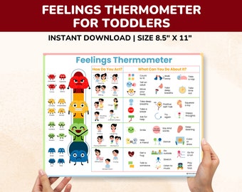 Feelings Chart For Toddlers-Preschool-Elementary School-Thermometer With Coping Skills-Printable Emotions Poster Kids-Children-Teens