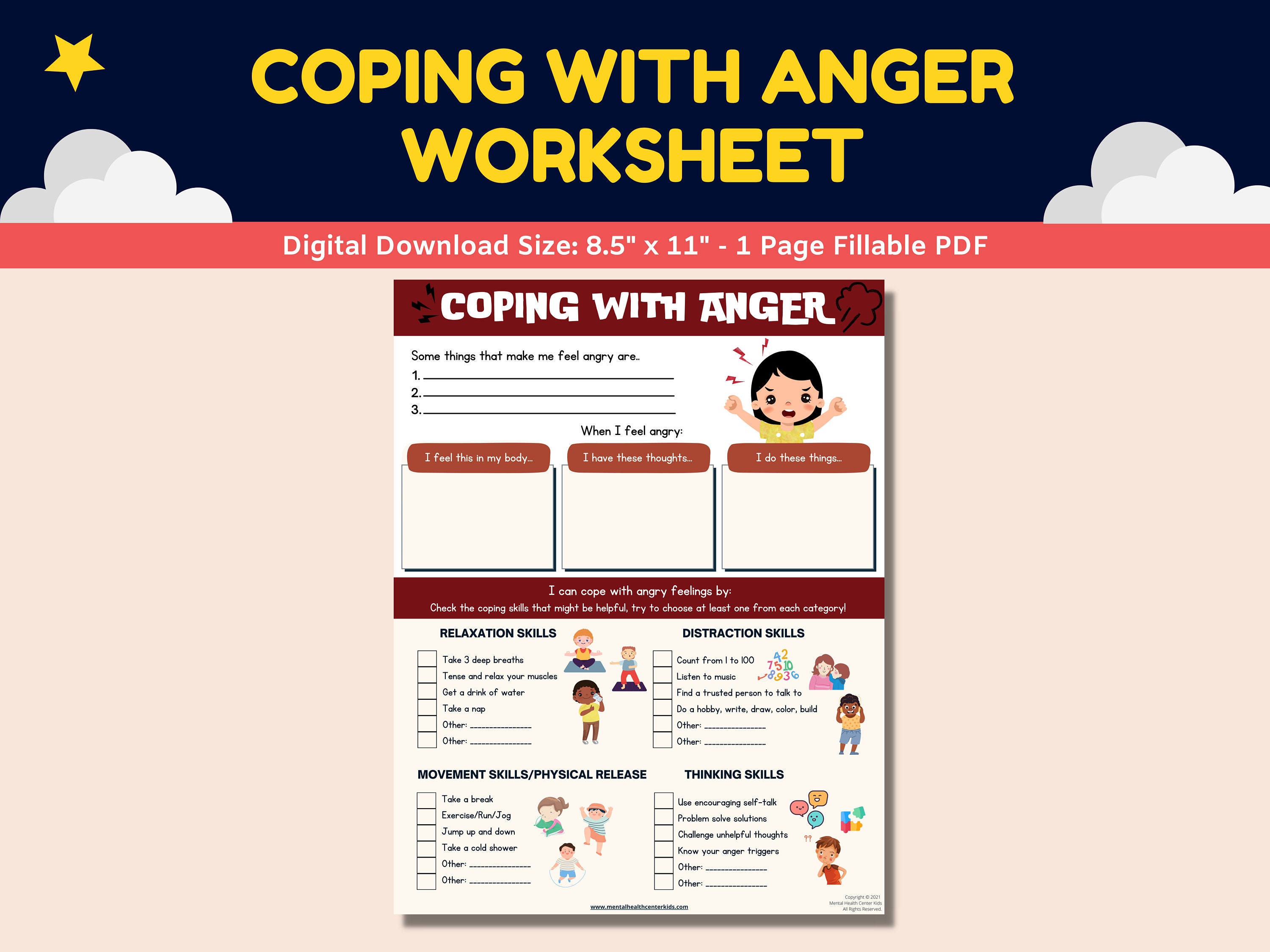 Anger Management Coping Skills Fillable Worksheet Kids Children ...