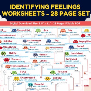Gevoelens/emoties werkbladen voor kinderen 28 Pg Gevoelens en emoties identificeren Printbaar werkboek PDF-Sociaal emotioneel leren-Kindertherapie
