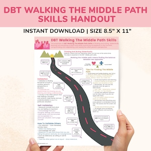 Pode incluir: Um folheto informativo intitulado "DBT Walking The Middle Path Skills" com texto e gráficos. O documento tem 21,6 x 27,9 cm e inclui informações sobre habilidades DBT, validação e autovalidação. Download instantâneo.