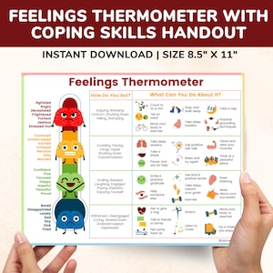 Feelings Thermometer Chart With Coping Skills - Emotions Poster Kids Teens Printable - Mental Health Behavior Management Therapy Counselor