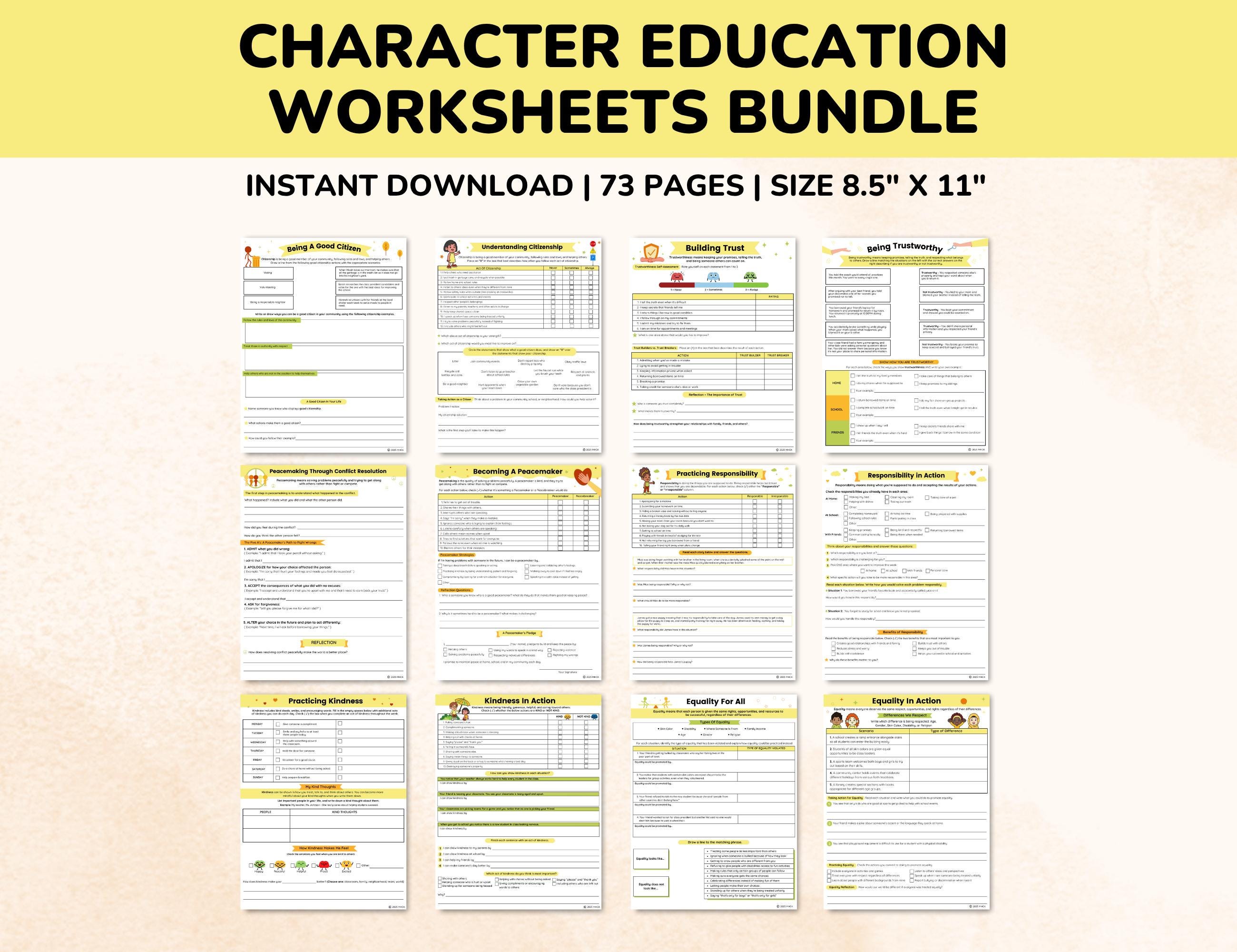 Character Education Worksheets Bundle for Kids-teens-students-73 Pages ...