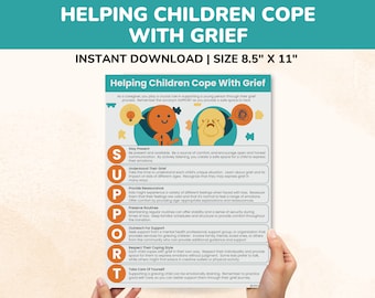 May include: A printable poster with a colorful illustration of a child with a thought bubble. The poster provides tips for helping children cope with grief using the acronym SUPPORT. The poster is 8.5 inches by 11 inches.