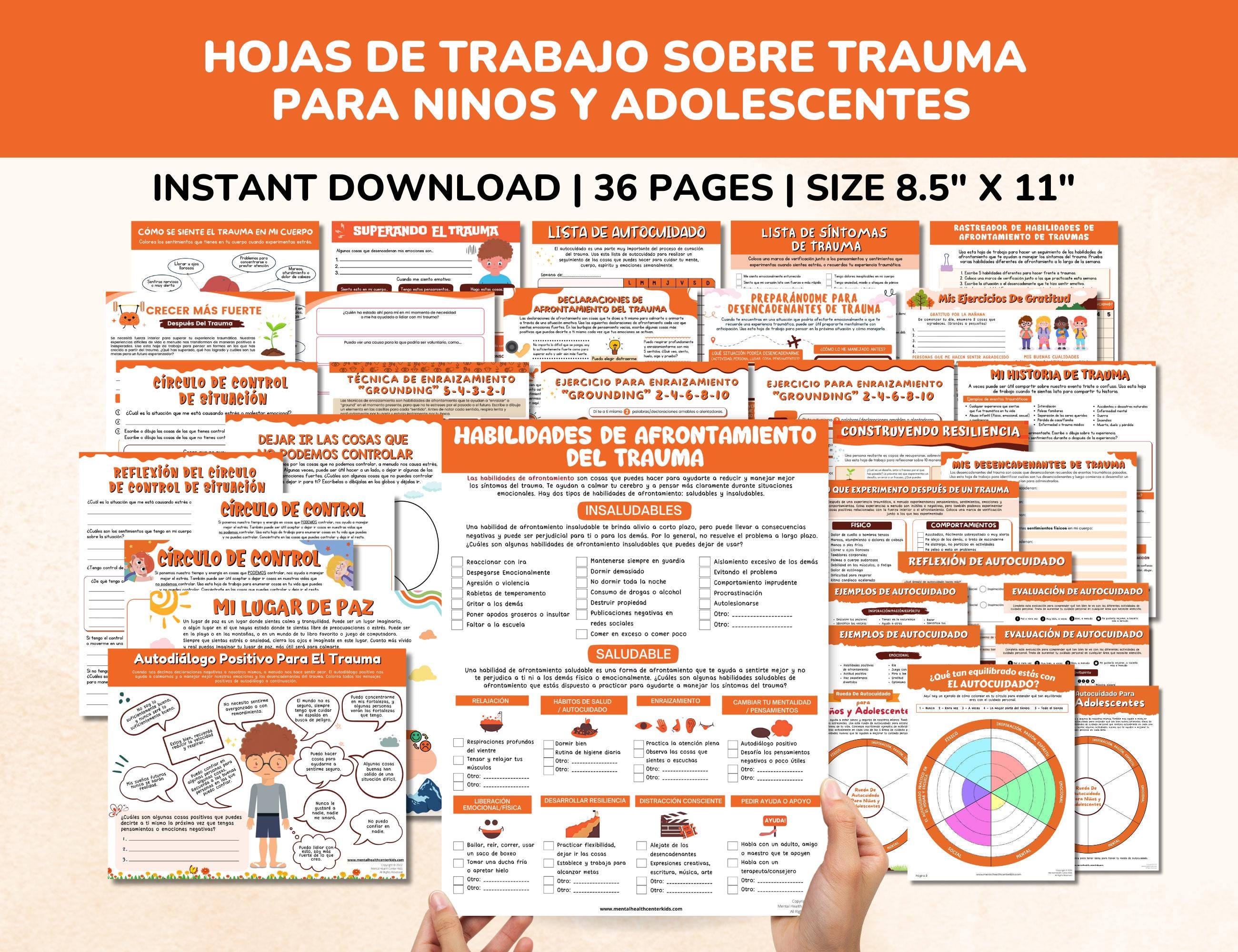 Spanish Trauma/PTSD Worksheets 20 Item Bundle For Kids-Teens - Hojas De Trabajo Sobre Trauma Para Ninos Y Adolescentes