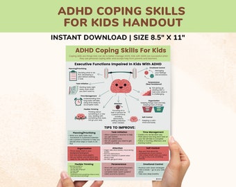 ADHD Coping Skills Printable Handout Poster For Kids -Executive Functioning Skills- ADHD Help -ADD Child Strategies Parents Teachers Therapy