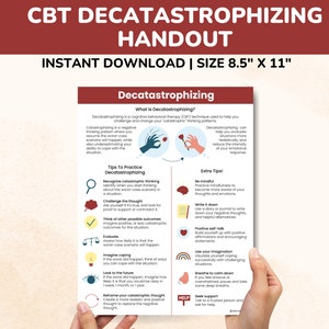 May include: A printable handout with the title "CBT Decatastrophizing Handout" and a graphic illustration of a hand holding a rose. The handout provides tips on how to practice decatastrophizing, a cognitive behavioral therapy technique used to challenge and change catastrophic thinking patterns. The handout also includes extra tips for mindfulness, journaling, positive self-talk, visualization, breathing techniques, and seeking support.
