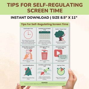 Może przedstawiać: Drukowany plakat z poradami dotyczącymi samoregulacji czasu spędzanego przed ekranem. Plakat zawiera ilustracje zegara, kalendarza, drzewa, telefonu, kosza na śmieci, przycisku odtwarzania, dzwonka powiadomień, rakiety i zegara z wskazówką. Plakat zawiera tekst, taki jak "Ogranicz czas spędzany przed ekranem", "Zaplanuj czas na media społecznościowe", "Włącz "zielony czas"", "Usuń aplikacje z telefonu", "Przenieś ikony z strony głównej", "Wyłącz powiadomienia", "Rozważ szybką technologię", "Rejestruj czas" i "Przypomnienie: Masz kontrolę. Zrównoważenie czasu spędzanego przed ekranem oznacza więcej czasu na prawdziwe przygody."