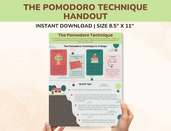 Pomodoro Technique Printable Therapy PDF Handout-ADHD ADD-Executive Functioning Deficits Strategies-Study Habits-Pomodoro Study Method Tools