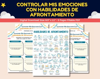 May include: A printable worksheet with the title "Controlar Mis Emociones Con Habilidades De Afrontamiento" in Spanish. The worksheet features a list of coping skills with illustrations and space for writing. The worksheet is designed to help individuals manage their emotions.