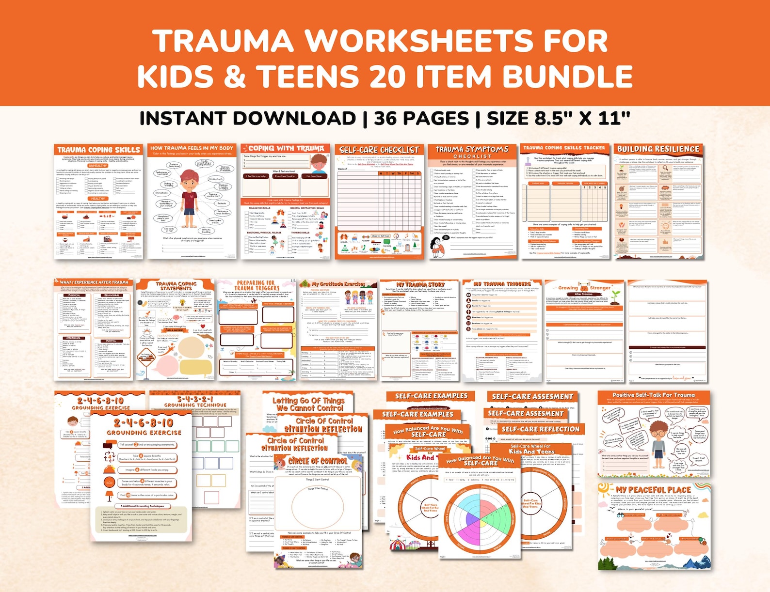 Trauma PTSD Worksheets 20 Item Printable Bundle for Kids & Teens-child ...