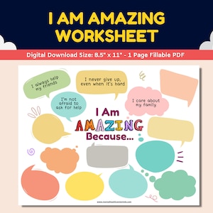 I Am Amazing...Self-Esteem Fillable Worksheet Kids Teens Growth Mindset Child Counseling Therapy Self-Confidence Positive Strengths Activity