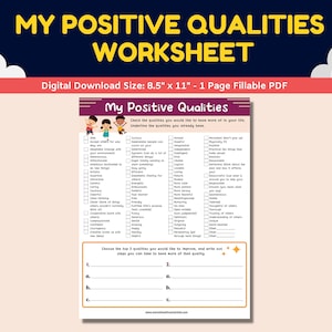 Meine positiven Eigenschaften Selbstwertgefühl Arbeitsblatt für Kinder Jugendliche Selbstvertrauen Kindertherapie Wachstum Mindset Psychische Gesundheitstherapeut Printable
