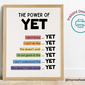 The Power Of Yet Poster-Growth Mindset For Kids-Therapy Office Decor-DBT Classroom Poster-Mental Health Poster School Counselor Office Decor