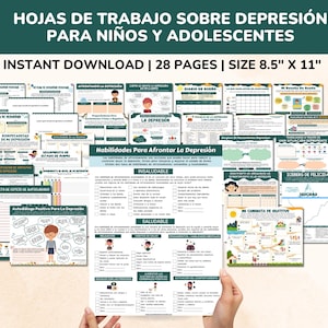 May include: A set of 28 printable worksheets designed to help children and teenagers cope with depression. The worksheets feature colourful illustrations and activities, including a mood tracker, a gratitude journal, and a list of coping skills. The worksheets are 8.5 inches by 11 inches.