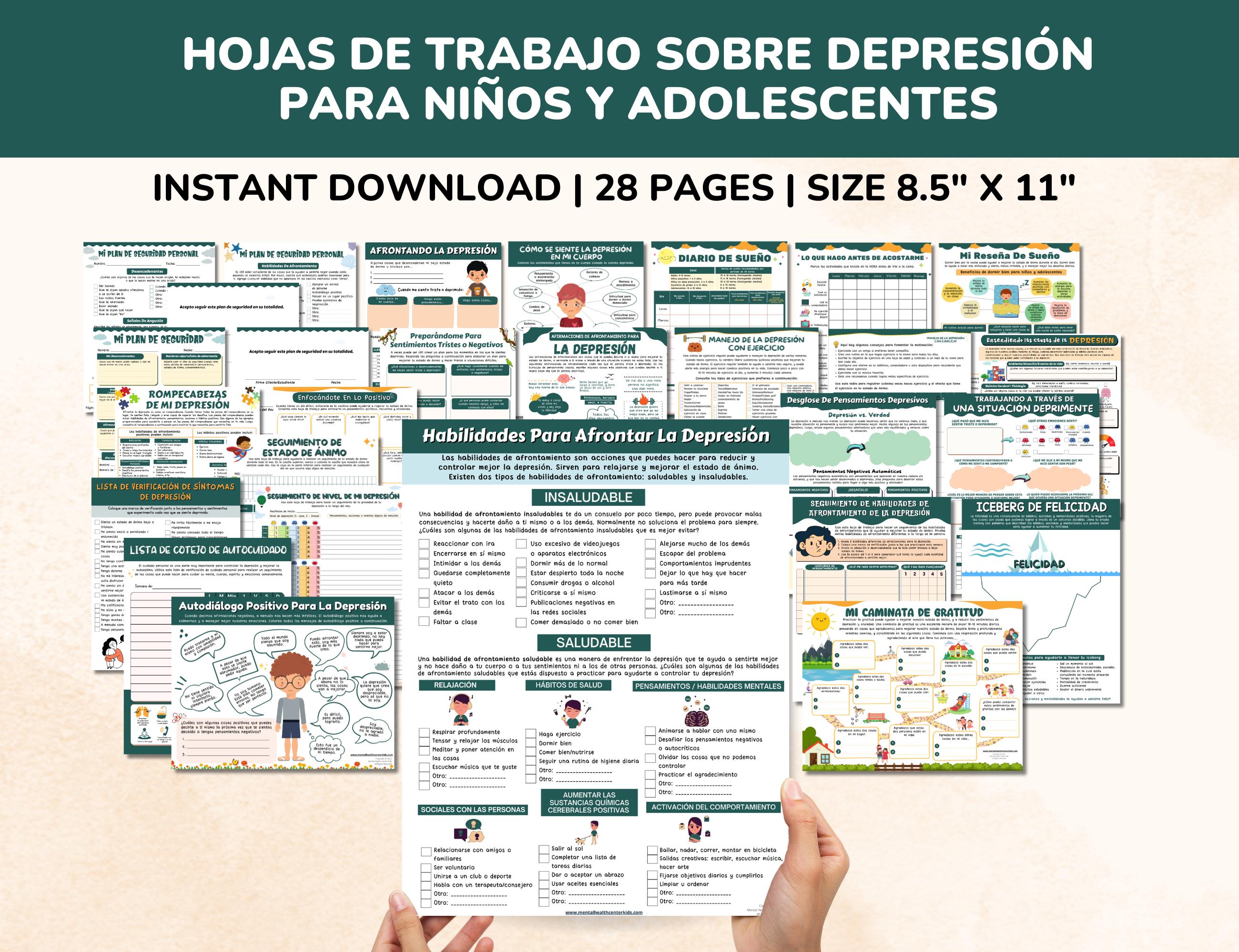Spanish Depression Worksheets 20 Item Bundle for Kids-teens - Hojas De ...