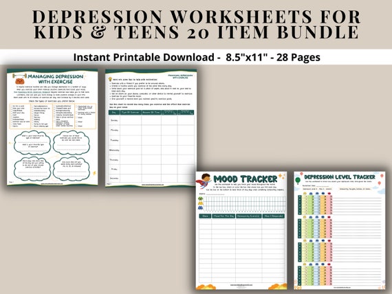depression worksheets 20 item printable mental health bundle etsy
