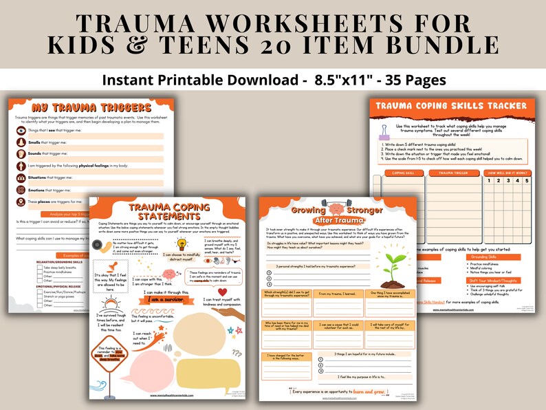 Trauma PTSD Worksheets 20 Item Printable Bundle for Kids & - Etsy