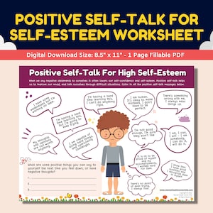 Positive Self-Talk For High Self-Esteem Printable Coping Skills CBT Worksheet Kids Self-Confidence Affirmations Therapy Therapist Counselor