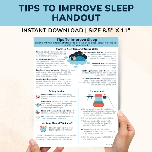 Tips To Improve Sleep Hygiene Printable Therapy Poster, Sleep Chart For Kids Teens, Health Class Poster, Counseling Worksheets Posters Gifts