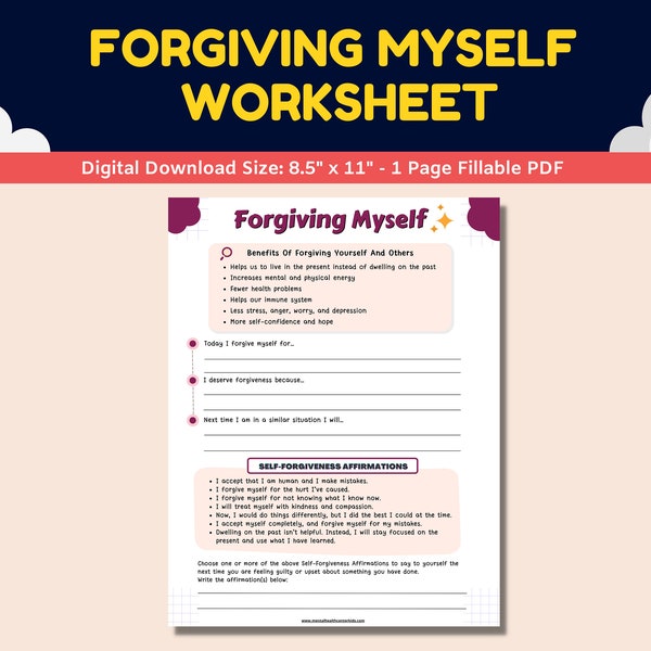 Forgiving Myself Self-Forgiveness Self-Esteem Worksheet Kids Teens Young Adults Child Counseling Therapy Worksheets Self-Confidence Activity