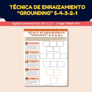 Spanish Trauma/PTSD Worksheet For Kids-Teens - Técnica De Enraizamiento “Grounding” 5-4-3-2-1 - 54321 Grounding Technique Worksheet