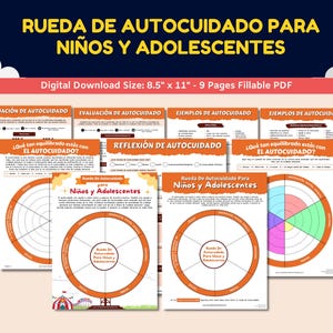 Spanish Trauma/PTSD Worksheets - Rueda De Autocuidado Para Ninos Y Adolescentes - Self-Care Wheel For Kids & Teens Worksheets 9pgs