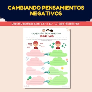 Spanish Anxiety Worksheet For Kids-Teens - Cambiando Pensamientos Negativos - Changing Negative Thoughts CBT Worksheet