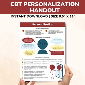 May include: A printable handout on CBT Personalization, a cognitive behavioral therapy technique. The handout features a cartoon illustration of a person looking in a mirror and blaming themself for negative events. The handout includes examples of personalization and tips to stop personalizing.