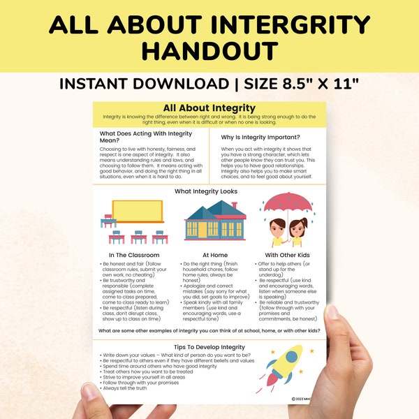 Integrity Printable Character Education For Kids Teens, Therapy Worksheets Counseling Posters, Coping Skills Character Building Development