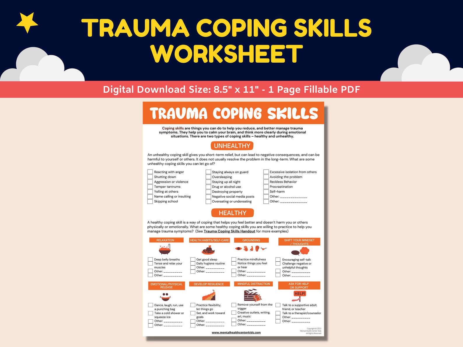 Trauma PTSD Coping Skills Fillable Worksheet Teens Adolescents ...