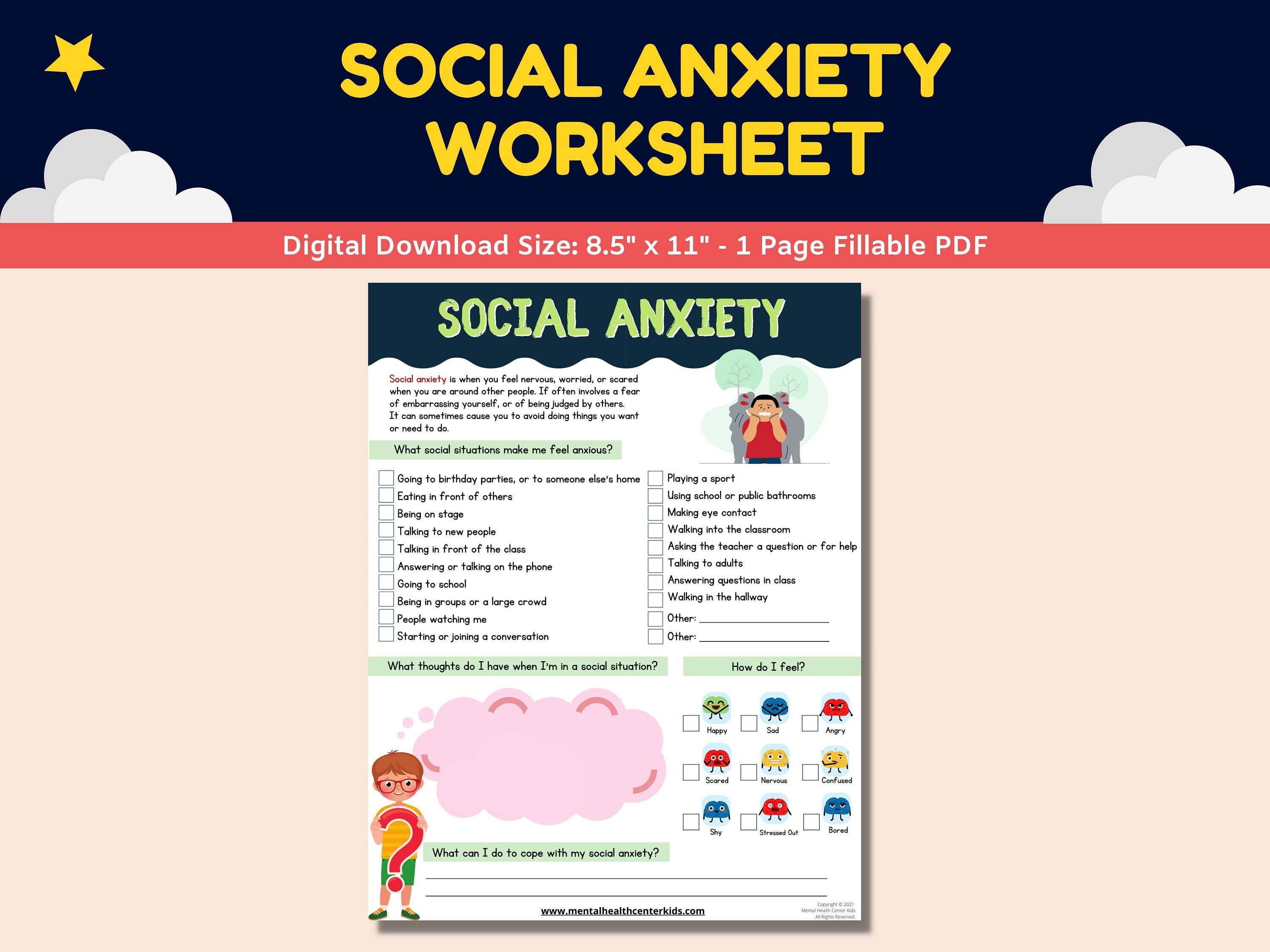 social anxiety fillable worksheet kids children social etsy