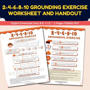 May include: Printable worksheet and handout with a colourful design. The title is "2-4-6-8-10 Grounding Exercise". The worksheet includes a list of grounding techniques, such as taking square breaths, imagining different foods, and tensing and relaxing different muscles.