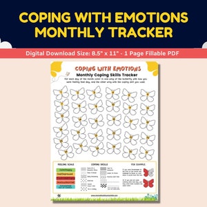 Coping With Emotions-Printable Monthly Feelings & Coping Skills Tracker Worksheet-Social Emotional Learning-Child Therapy Counseling PDF