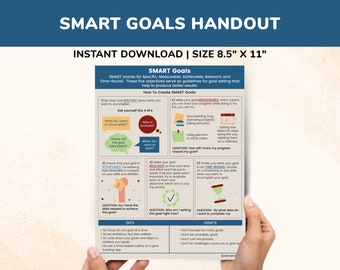 May include: A printable handout with a blue header that reads "SMART GOALS HANDOUT" and a white background with a blue and red graphic design. The handout provides a guide to creating SMART goals, which are Specific, Measurable, Achievable, Relevant, and Time-Bound. The handout includes a list of "DO'S" and "DON'T'S" for creating SMART goals.