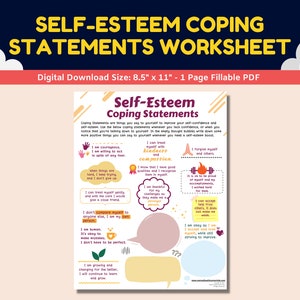Self-Esteem Coping Statements Worksheet Kids Teens Mental Health Child CBT Positive Self-Talk Affirmations Coping Skills Quotes Mantra Gifts
