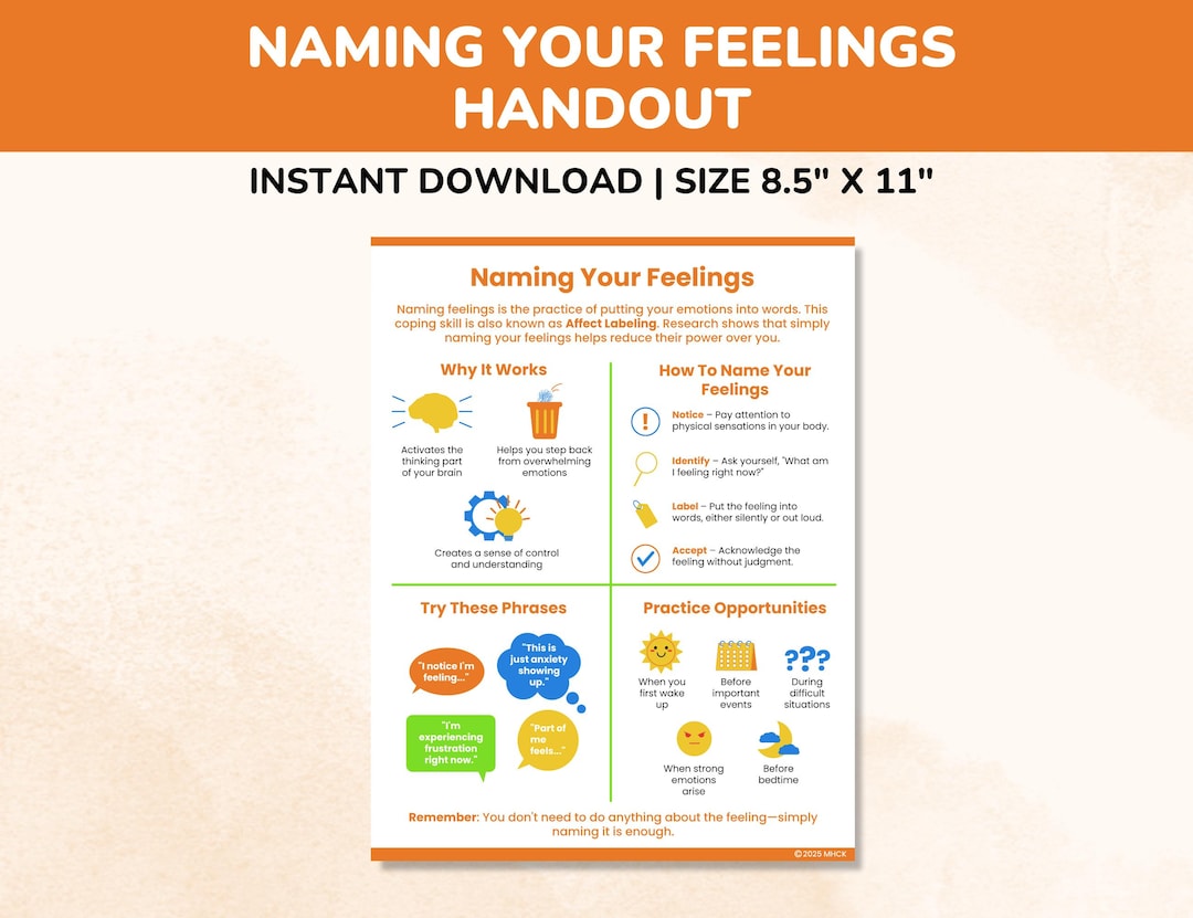 Affect Labeling Coping Skills Handout-therapy Resources for Kids Teens ...